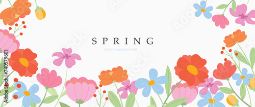 Spring floral art background vector illustration. Watercolor hand painted botanical flower, leaves, insect, butterflies. Design for wallpaper, poster, banner, card, print, web and packaging.