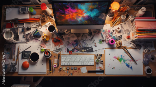 Top view of the workspace of a creative graphic designer, Artist. A wooden table with a computer, papers, stationery in the workplace.