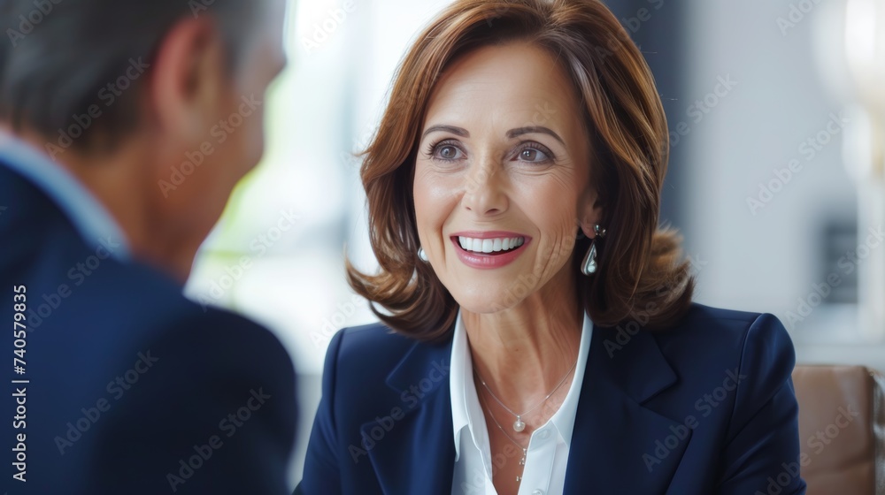 Female executive and male colleague discussing work with digital tablet in busy office setting. Female executive and male colleague discussing work with digital tablet in busy office setting.