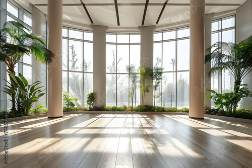 Large Room with Windows Wooden Floors and Plants © Varitnan
