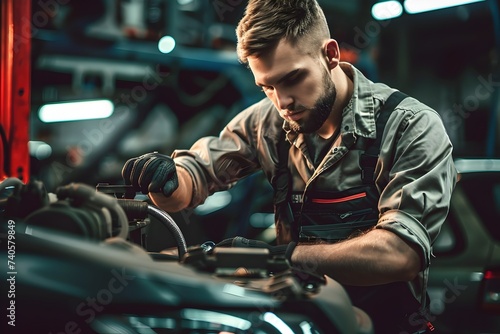 Mechanic Working on Engine in a Shop photo