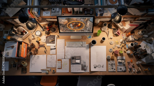 Top view of the workspace of a creative graphic designer, Artist. A large wooden table with a computer, papers, stationery in the workplace.