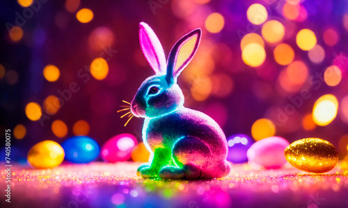 bunny on neon holiday background. Selective focus.