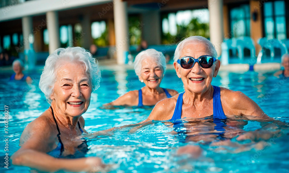 elderly women doing water aerobics in the pool. Selective focus.