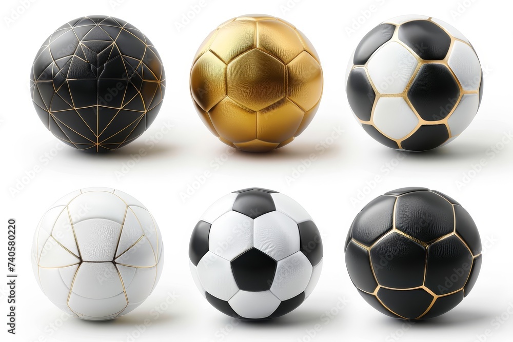 Realistic 3D football balls set with leather texture, golden and white colors, isolated on white background.  illustration.