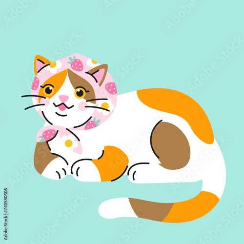 Cute cartoon calico cat with pink scarf on head. Hand drawn vector illustration. Babushka style kitty character card template.