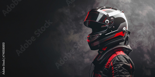 Male Racer wearing racing suit and helmet, with dark background photo