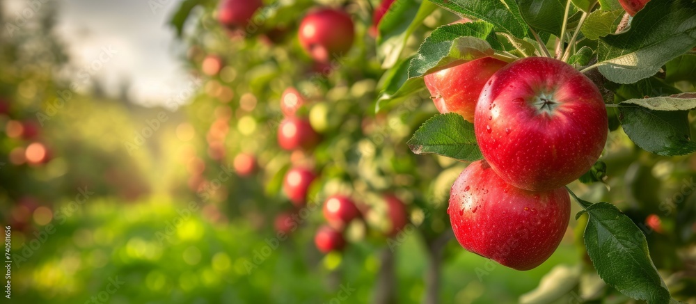 Beautiful orchard scene with vibrant red apples hanging from leafy green tree branches