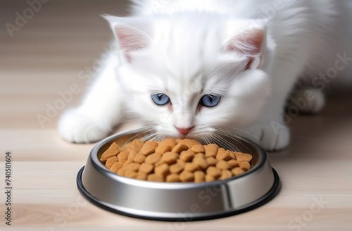 Cat Eating from Bowl. White Kitten Eats Food, Licking Tongue. Feline Feeding at Home Floor Background. Tabby Cat Eating Dry Pet Meal. Front View. Pet Food Banner. Domestic Animals Food. Close up