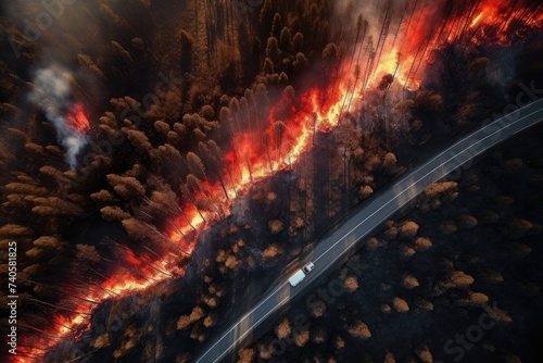Hot summer weather with extreme fire in forests, aerial view over car road Generative Ai.