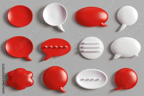 There is a set of speech bubbles in red and white color. Chat dialogue bubble text in 3D. The set is isolated.  illustration. photo