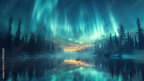 Northern lights or Aurora borealis over snowy mountains and city lights at night. Night sky with polar lights. Night winter landscape. Generative AI illustration 