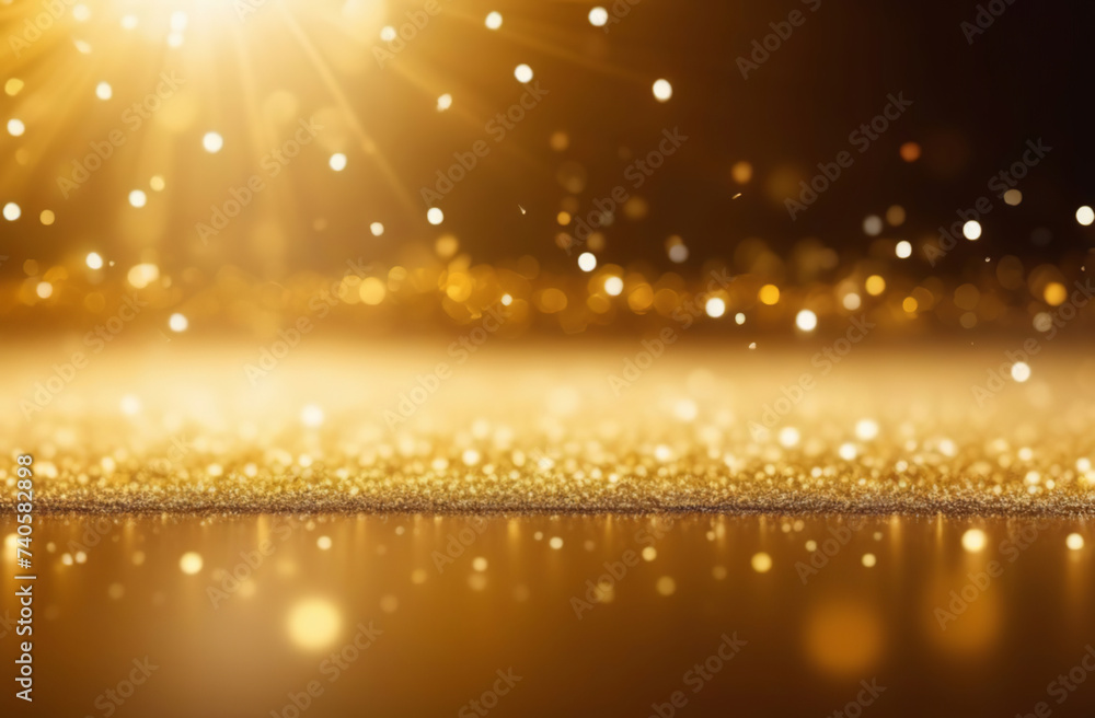 Abstract defocused background Gold foil texture. Holiday concept. Bright golden particle. Christmas light shine bokeh. Glittering dust festive backdrop. Shiny lights. Valentines day, birthday design