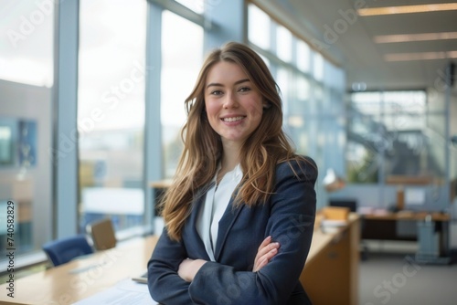 Portrait of young irish businesswoman inside office, boss in business suit smiling and looking at camera, experienced satisfied man at workplace at desk