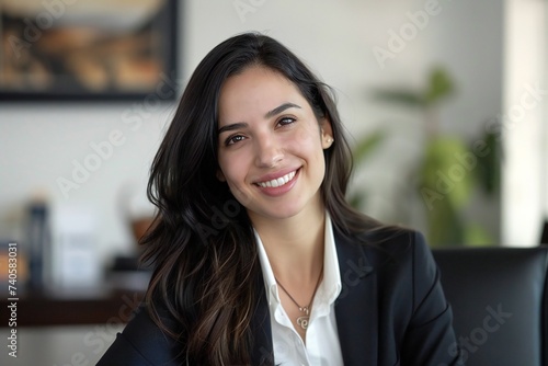 Portrait of young hispanic businesswoman inside office, boss in business suit smiling and looking at camera, experienced satisfied man at workplace at desk