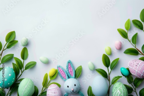 Happy Easter Eggs Basket Teal blue. Bunny hopping in flower Grinning decoration. Adorable hare 3d nursery rhyme rabbit illustration. Holy week easter festive hunt Render Layer card swirling patterns