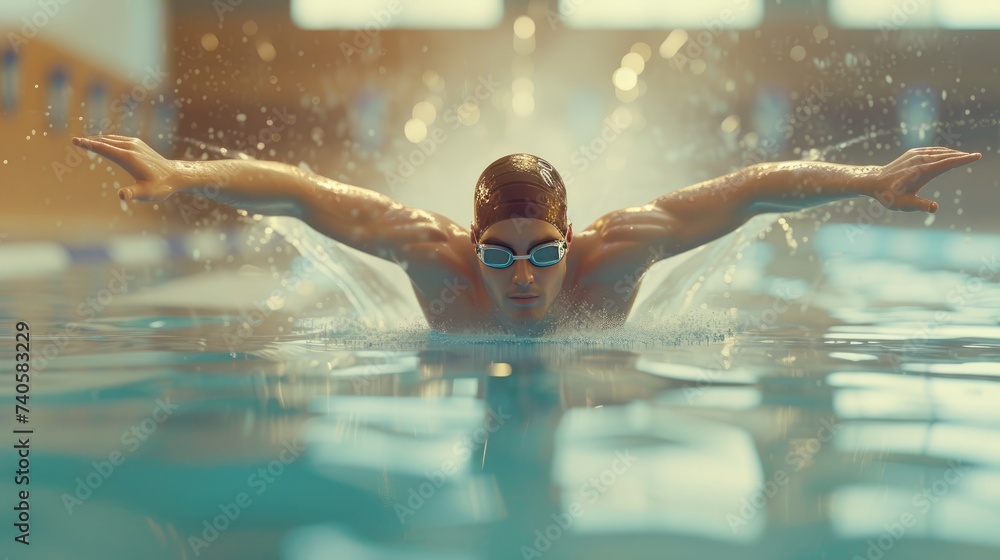 Competitive Male Swimmer Performing Butterfly Stroke in Indoor Pool, Male swimmer doing butterfly stroke in indoor swim meet - obrazy, fototapety, plakaty 