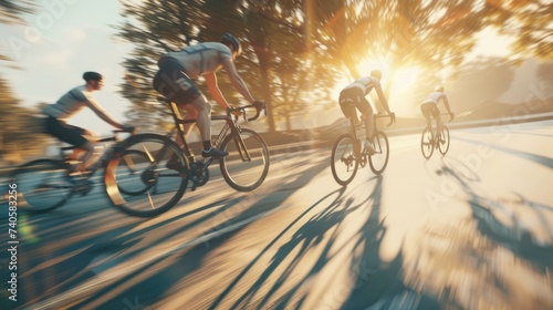 Dynamic Bicycle Race on Urban Streets with Motion Blur, Men racing on bicycles on blurred streets, fitness, and the summertime. Fast cyclists and friends train together, exercising in the countryside photo