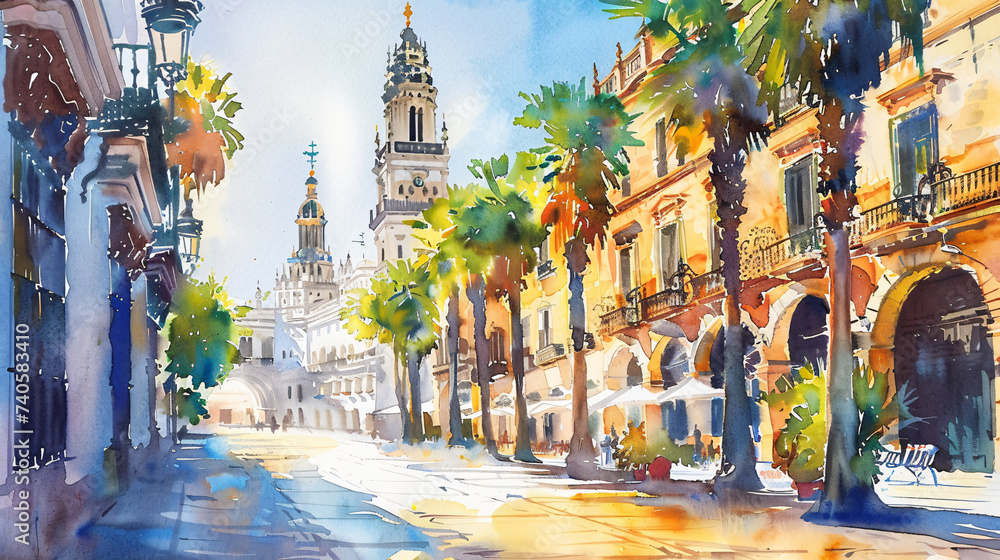 Views of Sevilla watercolor sunny day.