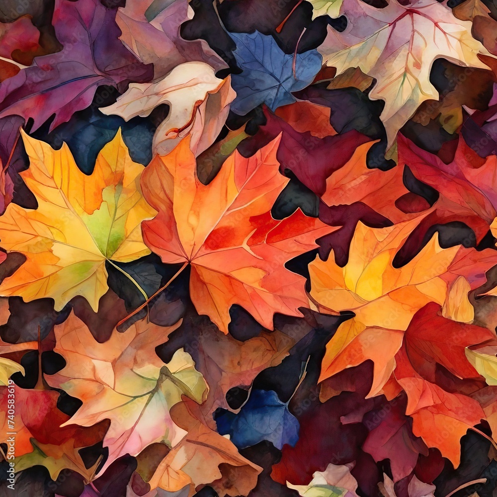 Fototapeta premium seamless pattern of Multicolored fallen maple leaves on the ground, vibrant autumn, watercolor