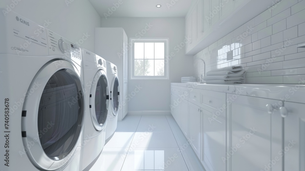 Pristine Modern Laundry Room with Front-Loading Washers and Bright Window Pristine Modern Laundry Room with Front-Loading Washers and Bright Window