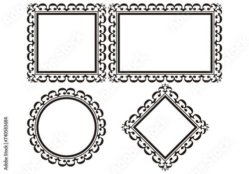 Hoja de iconos de marcos negros florales en fondo blanco.