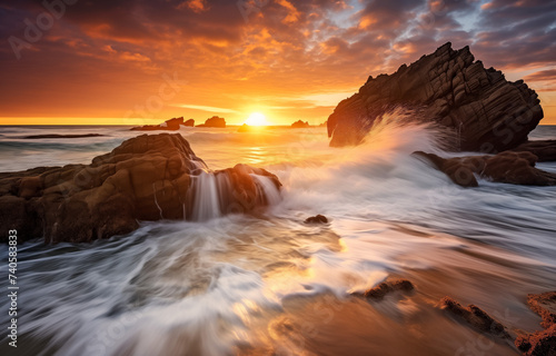 Dramatic sunset and waves crashing against rocky shoreline