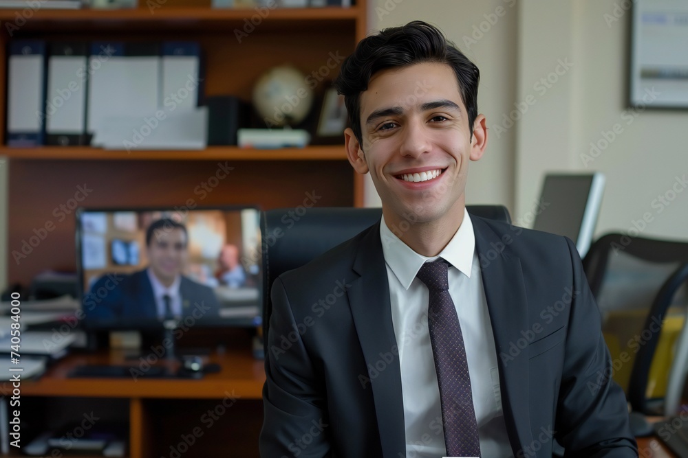 Portrait of young hispanic businessman inside office, boss in business suit smiling and looking at camera, experienced satisfied man at workplace at desk Portrait of young hispanic businessman inside office, boss in business suit smiling and looking at camera, experienced satisfied man at workplace at desk