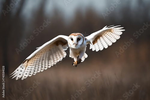 Hunting Barn Owl in flight. Wildlife scene from wild forest. Flying bird tito alba