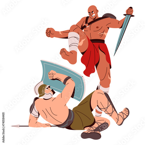 Spartan warrior with scars kicks enemy. Roman gladiator protects from hits. Ancient soldier in rage attacks fighter with blade, weapon in hand. Flat isolated vector illustration on white background