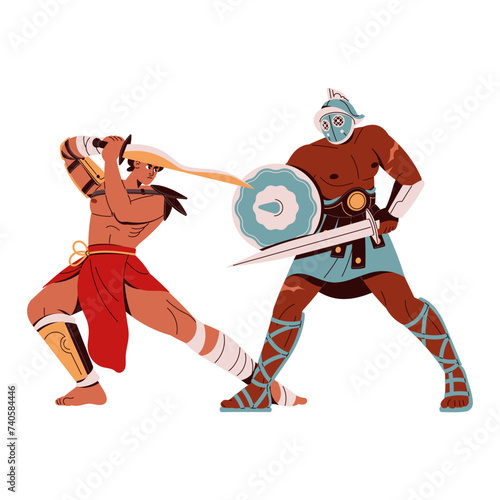 Roman gladiators fight in coliseum arena. Spartan warrior attack enemy. Ancient soldiers in helmet at war with sword. Muscular fighters in battle. Flat isolated vector illustration on white background