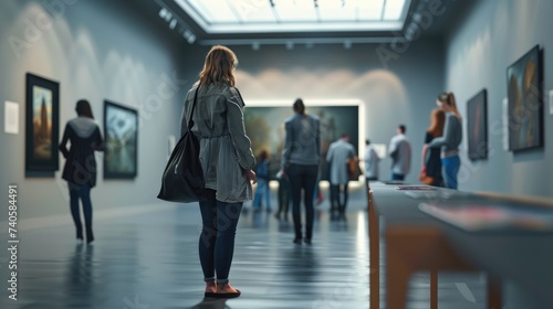 Woman Observing Art in a Modern Gallery Museum