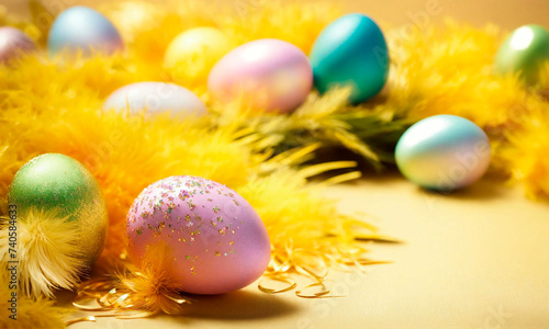 beautiful easter background with feathers. Selective focus.