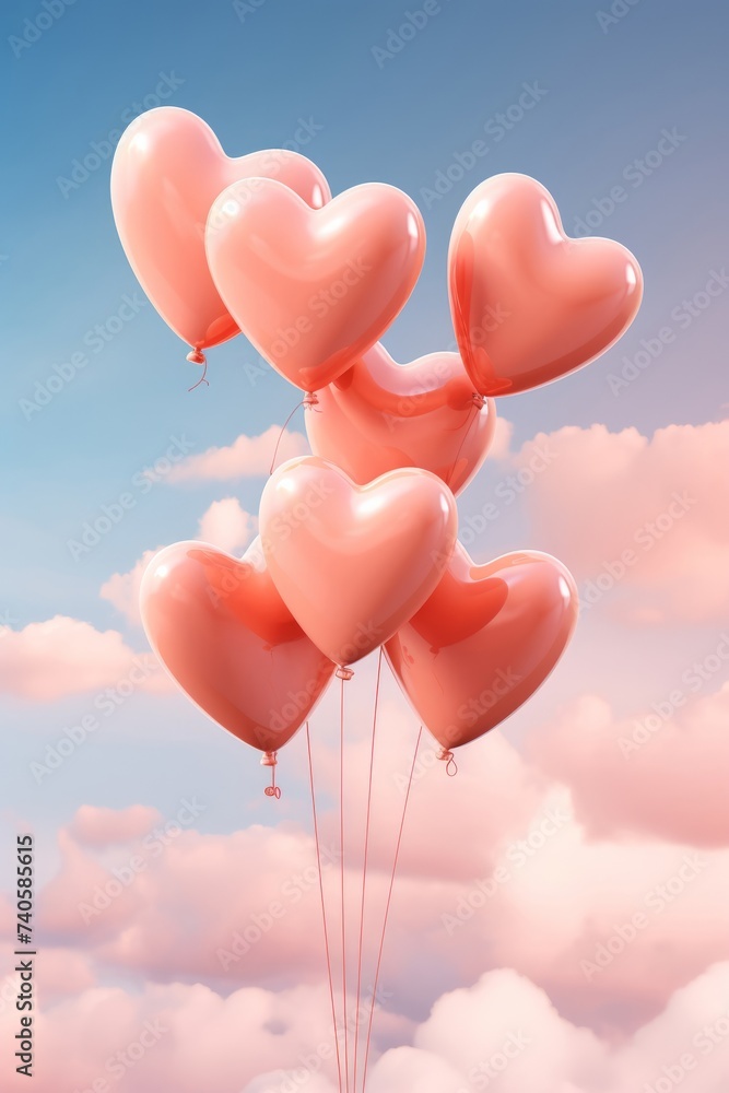 Beautiful heart shaped balloons in the peach fuzz color sky as a background. Romantic atmosphere.