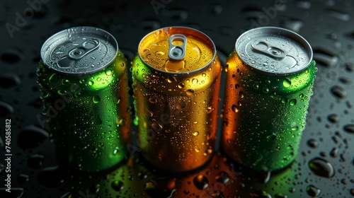 three Bright colored iron soda cans with condensation on a dark background - for advertising and marketing.