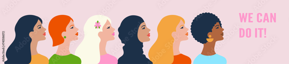 International Women's Day. Vector illustration depicting women of different nationalities and cultures fighting for freedom, independence, equality.