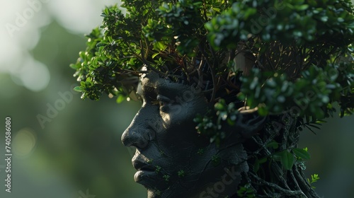 a human profile, smoothly merging with an abundance of greenery. The silhouette, intricately woven from leaves and branches, symbolizes the inner connection between man and nature.