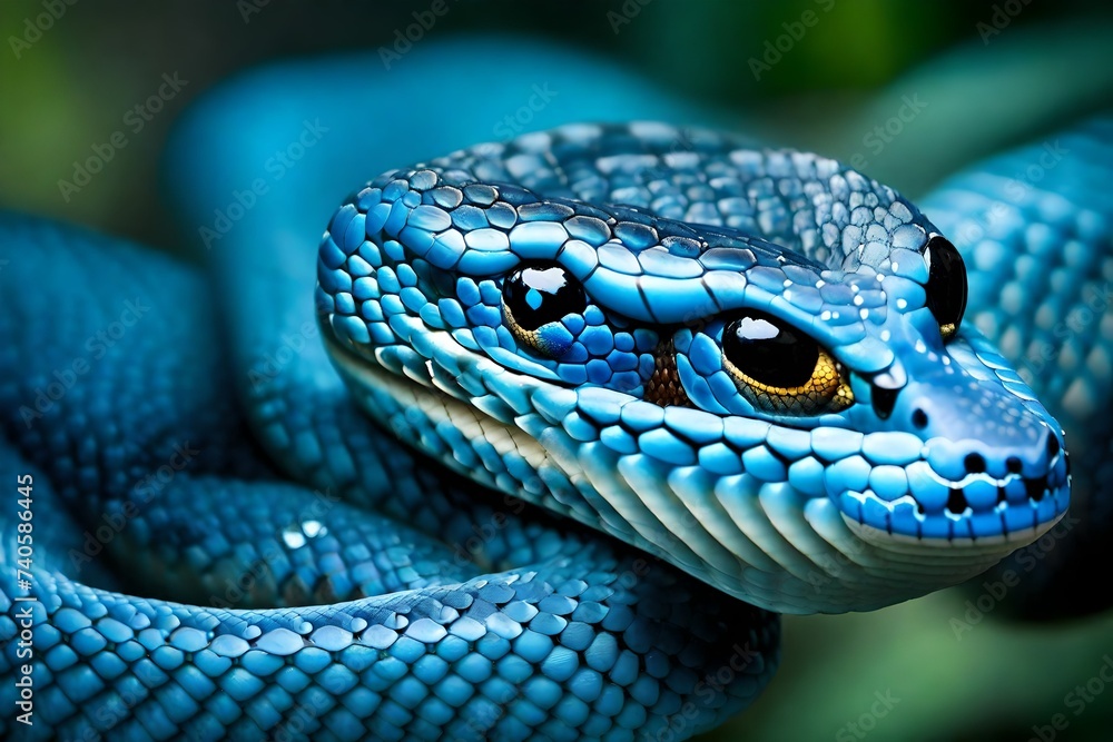 Blue viper snake closeup face Blue viper snake closeup face
