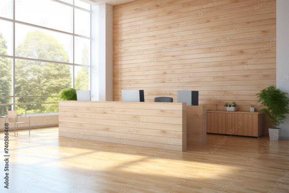 Fototapeta premium Contemporary hall interior with elegant reception desk in stylish office building