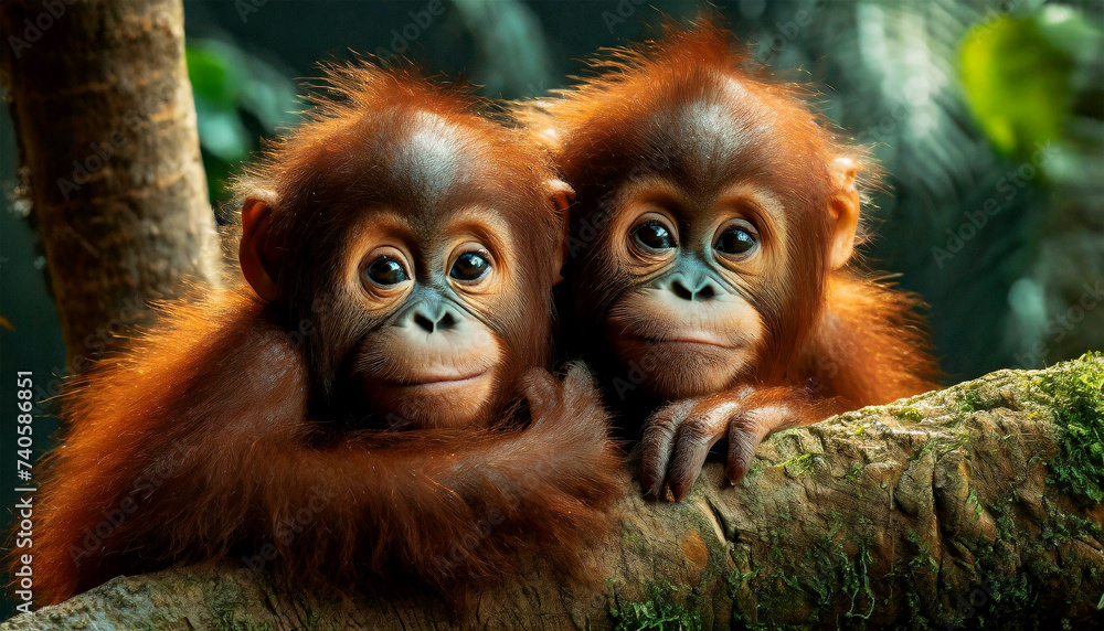 Obraz premium Portrait of two beautiful baby orangutans looking at camera. Two beautiful little monkeys with brown and orange fur look on in amazement, leaning against a tree trunk in the rainforest. Generative Ai.