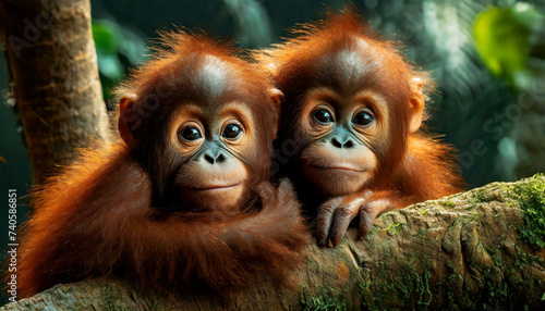 Portrait of two beautiful baby orangutans looking at camera. Two beautiful little monkeys with brown and orange fur look on in amazement, leaning against a tree trunk in the rainforest. Generative Ai. © Alberto Masnovo