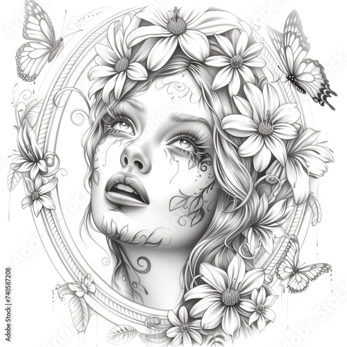 Beautiful girl with tattoo, roses and skull. Illustration for design card on day of dead