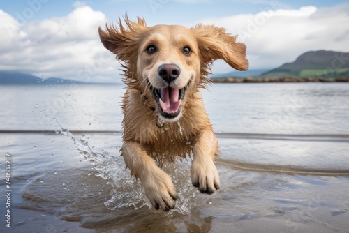 Joyful dog enjoying a playful run on the beach with ample space for text or design elements