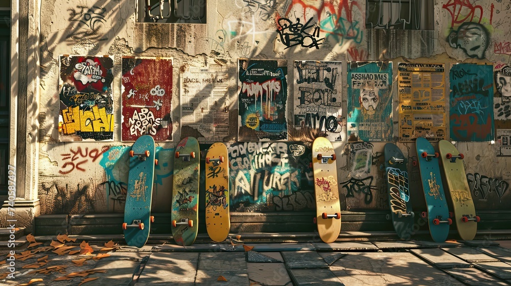 Fototapeta premium old ghetto wall with peeling posters, and graffiti, and 6 skateboards in the corner in a comic book art style