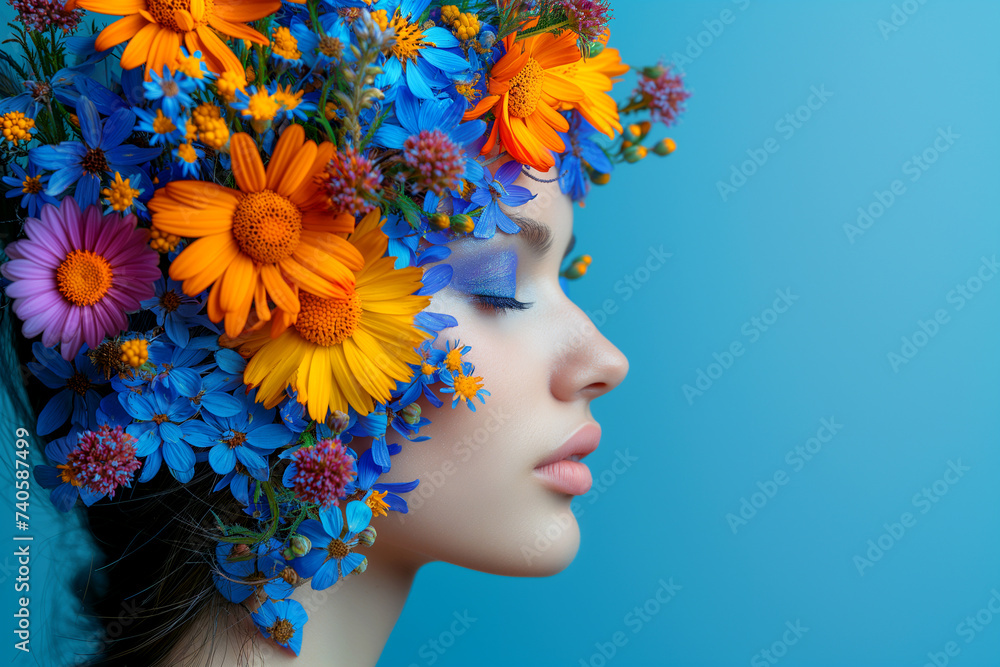 woman portrait with colorful flowers over her head