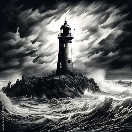 Lighthouse in the middle of the sea during storm in engraving style