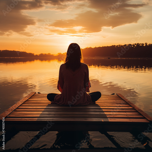 Silhouette of a woman person sitting on a pier nad doing zoga. Relax sunset concept.