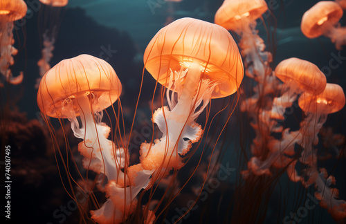 Orange jallyfishes flow through the wather. Natural animal concept. © Dragana