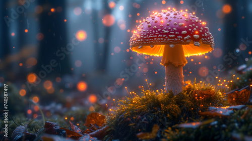 Magical mushroom in fantasy enchanted fairy tale forest.