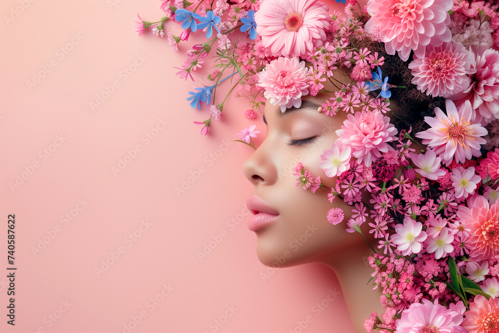 beautiful young woman with pink flowers on her head on pink background with space for your text - spring sale banner